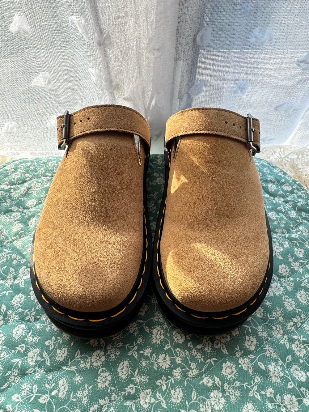 Dr. Martens Tan Zebzag Suede Slip-On Buckle Clogs - Picture 2 of 7